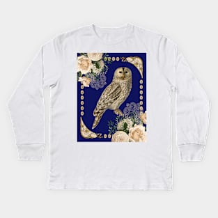 Barn Owl with Ivory Roses in Art Nouveau Influence Navy Blue Kids Long Sleeve T-Shirt